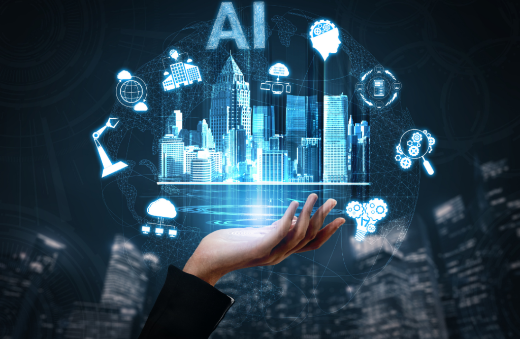 A hand holding a modern city skyline with symbols associated to AI and computers hovering around.